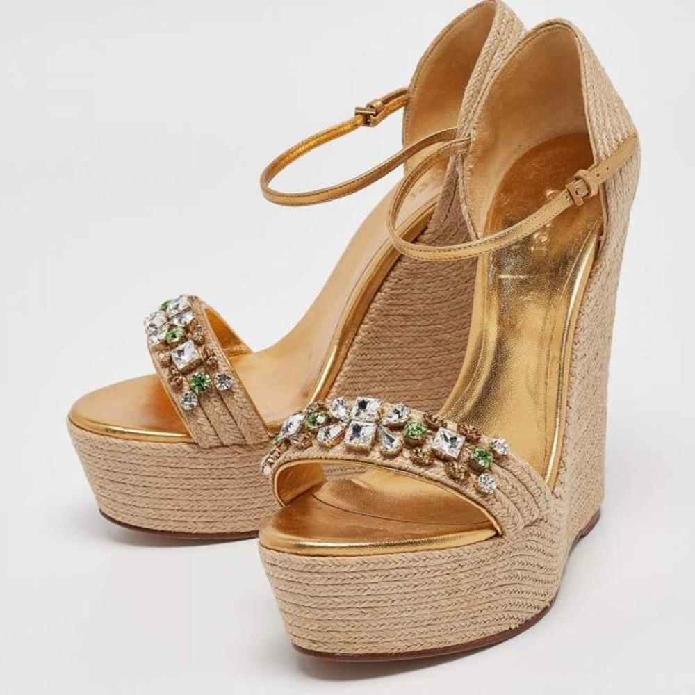 Gucci Gold Leather and Jute Crystal Embellished Espadrille Wedge Sandals 37.5